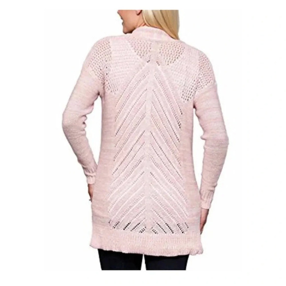 Leo & Nicole Marled Rib Trim Pointelle Cardigan pink women’s large open front - Picture 3 of 10